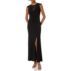Adrianna Papell Black Beaded Chevron Neckline Cap Sleeve High Slit Maxi Dress